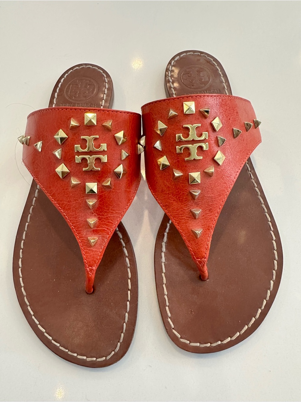 Tory Burch Orange Studded Leather Thong Sandals